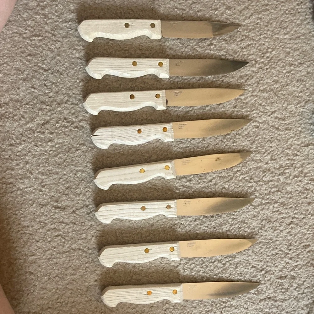 🍽️ Farberware 8 Set Vintage Steak Stainless Steel Knives Blonde Wooden Handle